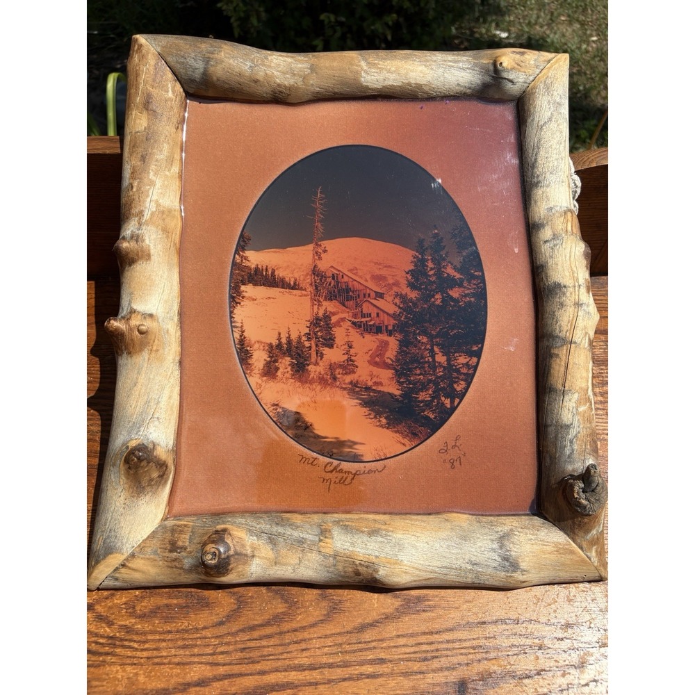 Mt. Champion Mill Print In A Natural Log Frame 1987 Signed Leadville, CO Rustic